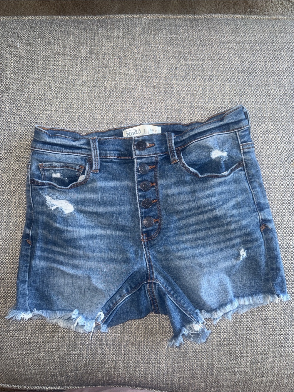 Mudd Blue Distressed High-Rise Button-Fly Denim Shorts - Picture 1 of 10